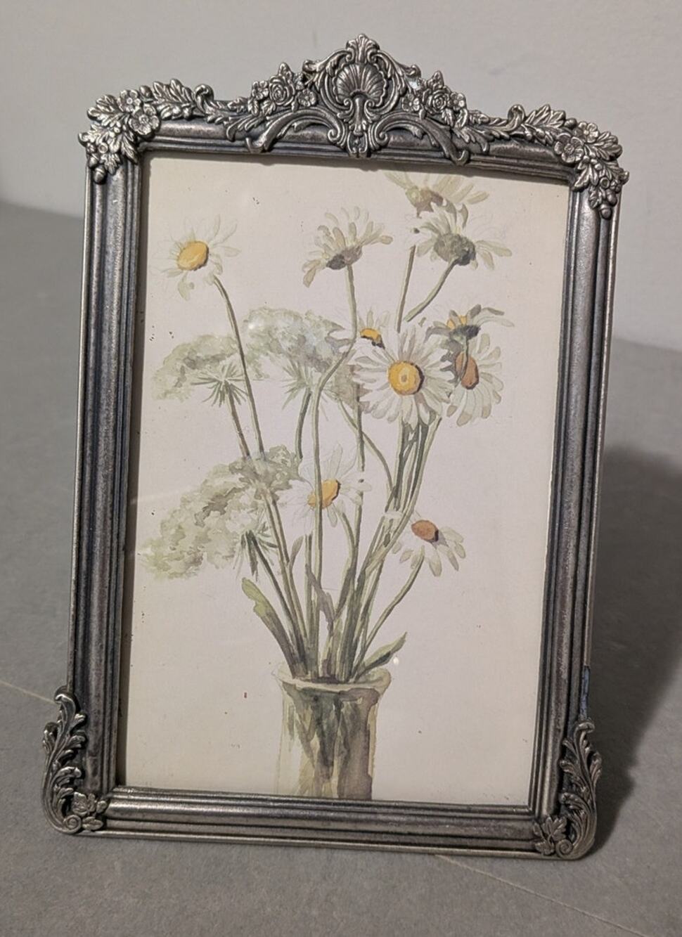Vintage Ornate Silver Pewter Heavy Cast Metal 4x6 Picture Frame Rococo Chic